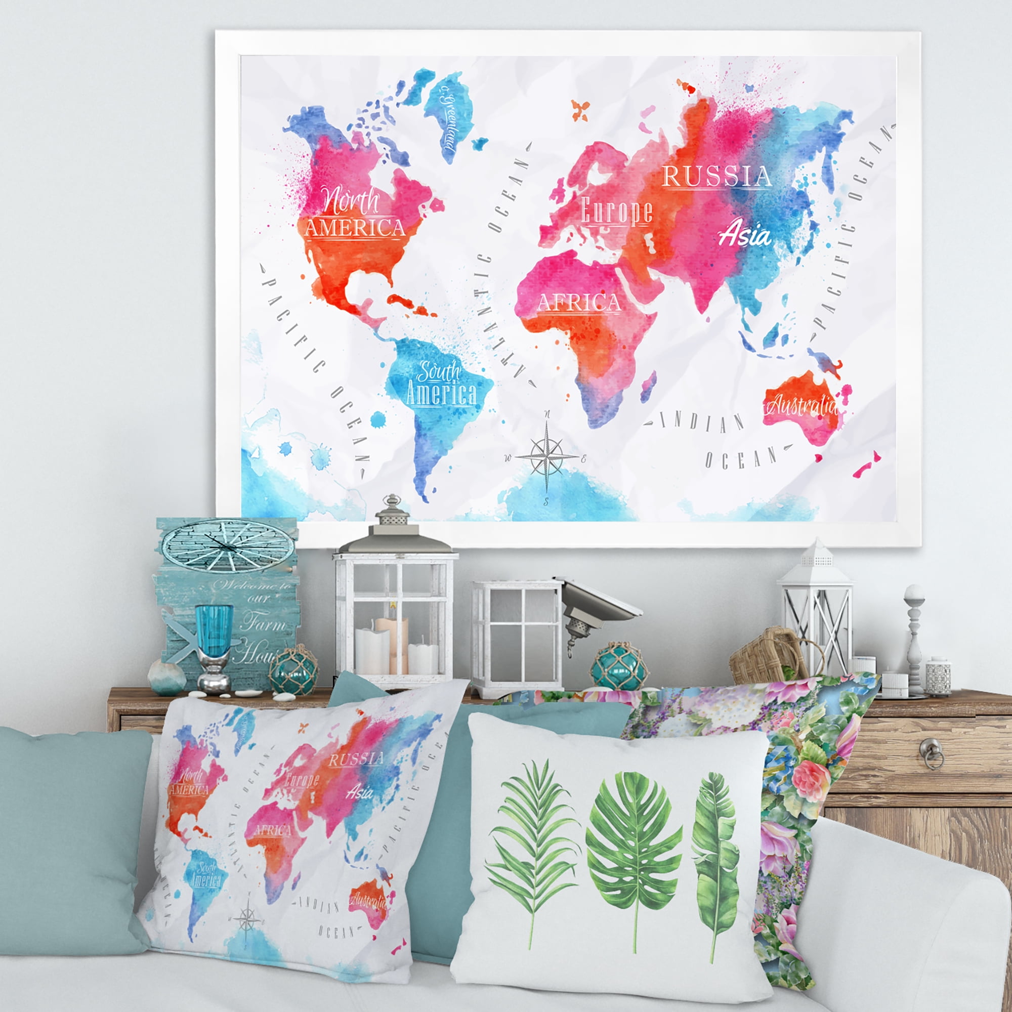 Designart 'World Map In Blue and Pink' Modern Framed Art Print