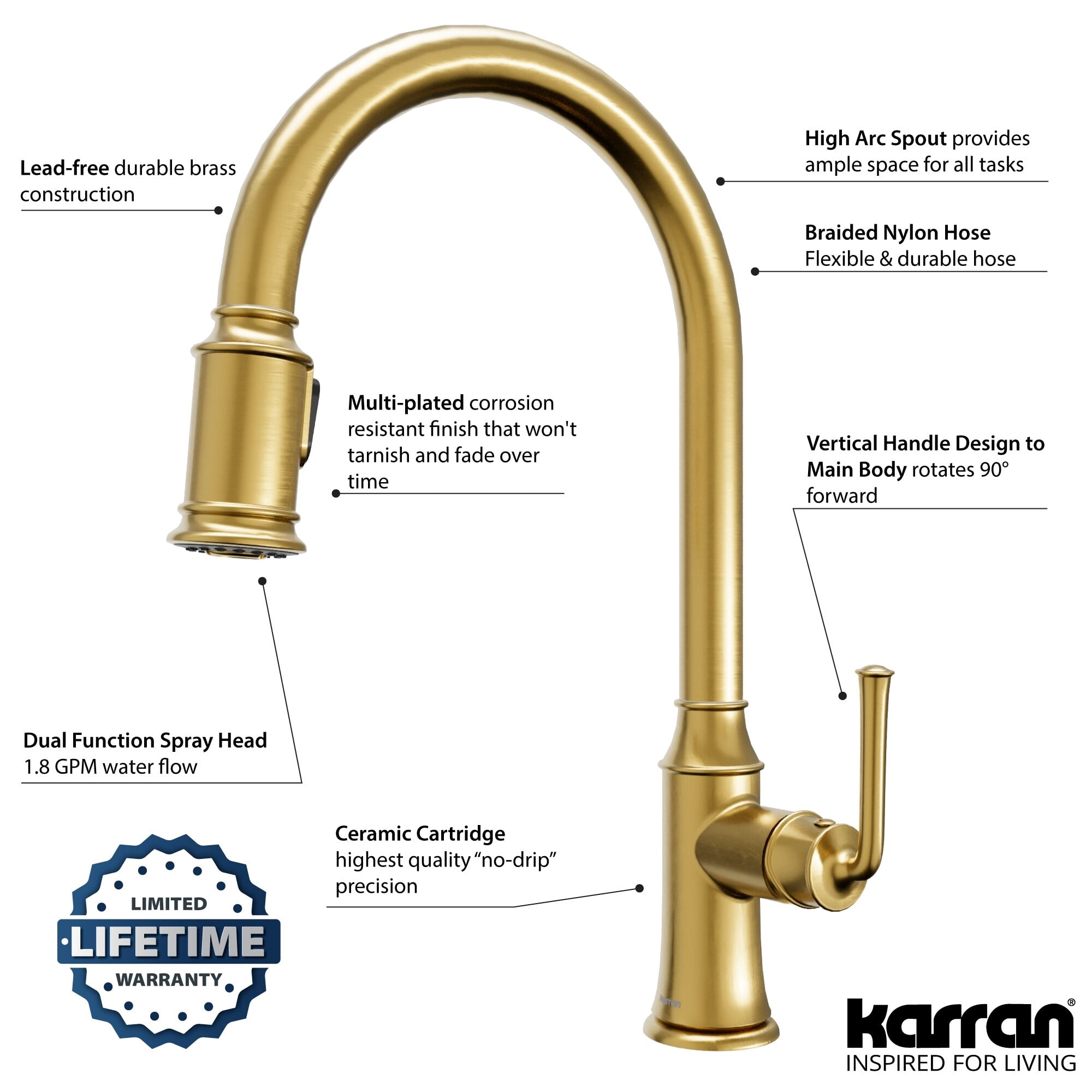 Karran  Auburn One-Handle Pull Down Dual Function Sprayer Kitchen Faucet Brushed Gold Brushed