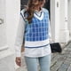 thumbnail image 3 of Suéter de mujer chaleco con cuello en V tejido a cuadros suéter sin mangas para citas trabajo compras, 3 of 7