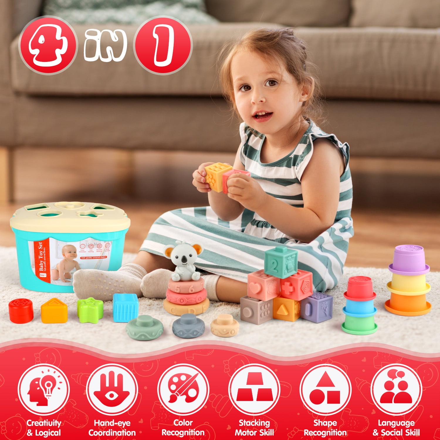 UQN Montessori Toys for 1 Year Old, 4 In 1 Baby Blocks Toys 6-12 Months, Soft Baby Teething Toys, Learning Gifts for Baby Girls Boys, Birthday Chrismas Gift