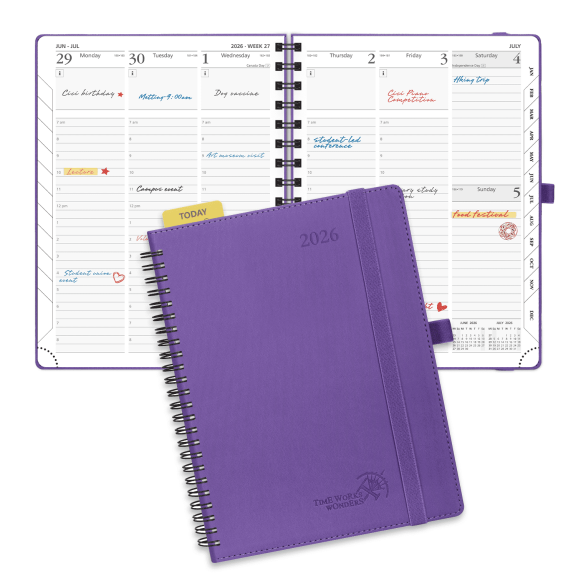 POPRUN 2026 Planner Weekly and Monthly, Jan. 2026-Dec. 2026, Medium-6.5" x 8.5", 2026 Appointment Book with Hourly Schedule, Vertical Layout, Monthly Tabs, Spiral-Bound Soft Cover - Purple