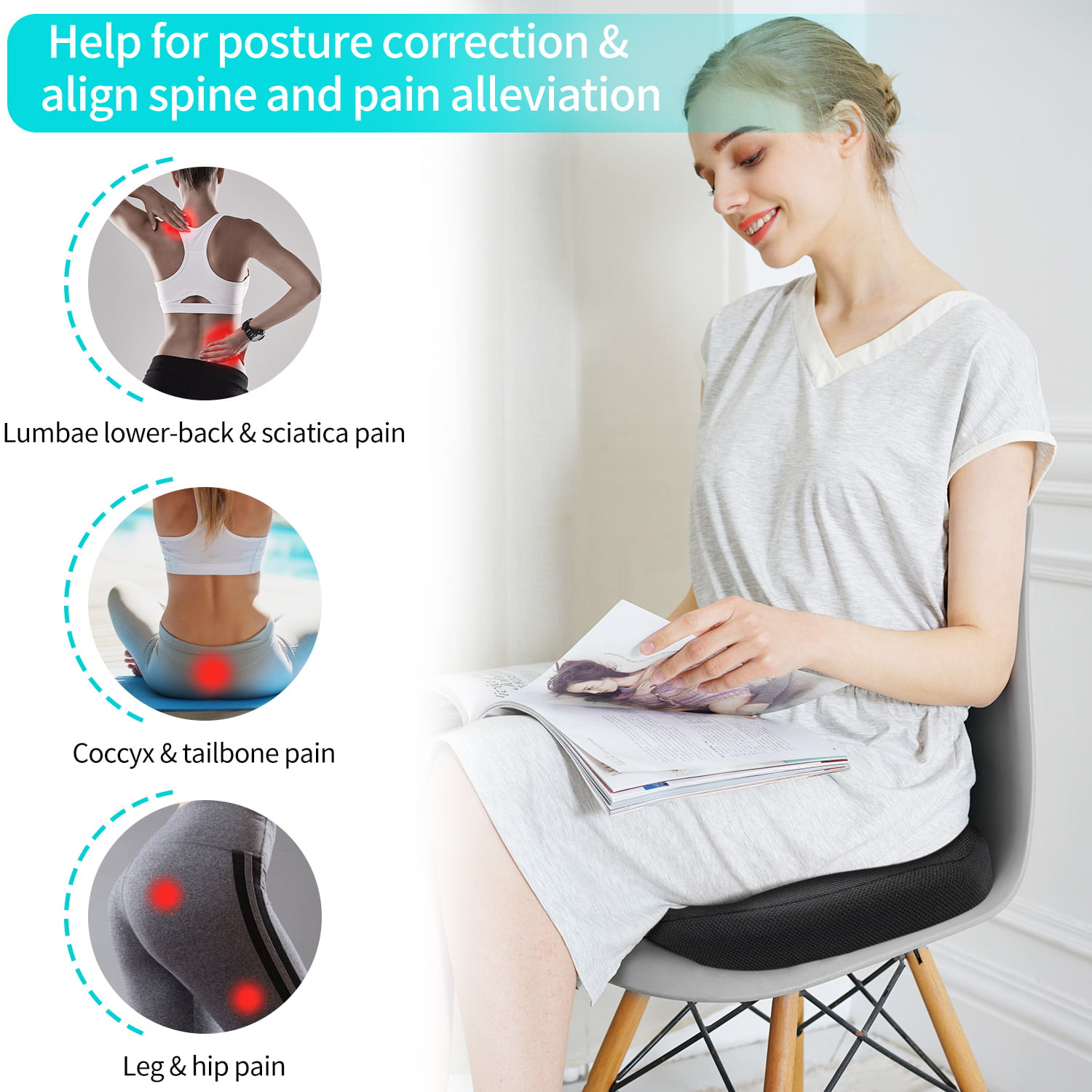 CYLEN Home Office Gaming Chair Seat Cushion - Comfort Memory Foam Chair  Cushion with Cooling Gel Infused for Tailbone, Coccyx, Back & Sciatica Pain