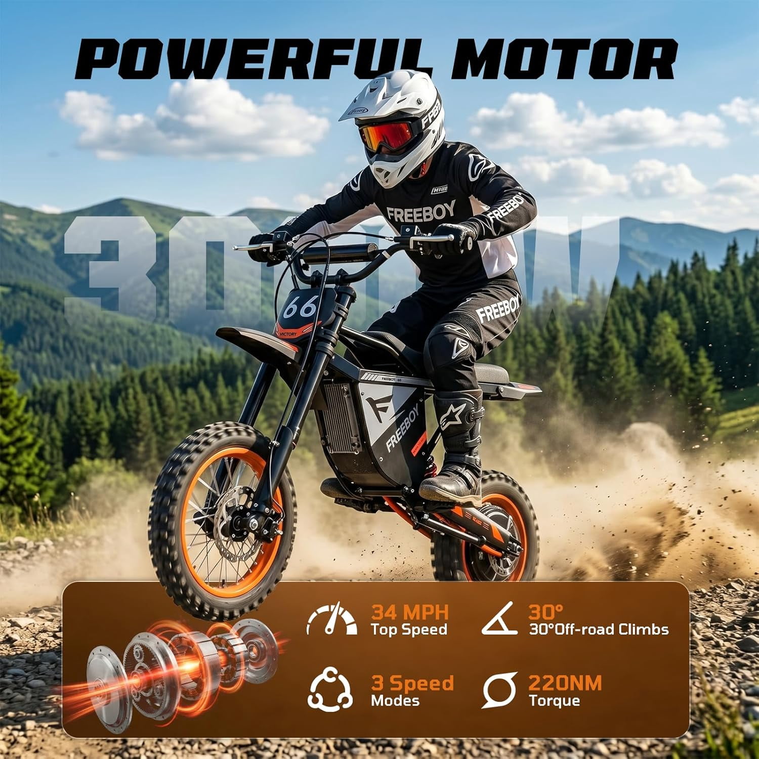 3000W Adult Electric Dirt Bike, 48V 30Ah Off-Road E-Bike, Up to 34 MPH & 31 Miles Range, 12"/10" Pneumatic Tires, Hydraulic Brakes & Suspension, 330 lbs Max Load