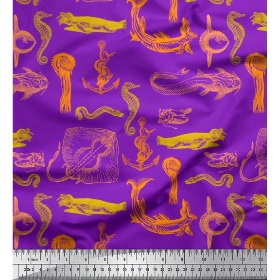 Soimoi Velvet Fabric Walrus,Anchor Hook & Ray Fish Ocean Print Sewing Fabric Yard 58 Inch Wide