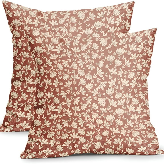 LAMIRO Burnt Orange and Cream Floral Pillow Covers 20x20" Set of 2 Vintage Flower Outdoor Decorative Throw Pillows Small Floral Block Print Rustic Farmhouse Pillowcases for Couch Decor