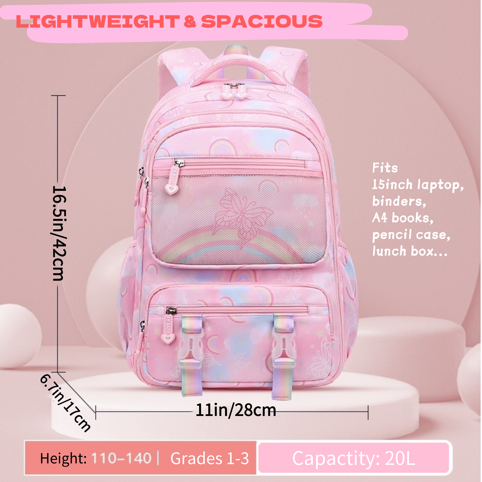 Mochila escolar para niñas, con múltiples bolsillos, ligera, resistente al agua, para primaria, rosa 8