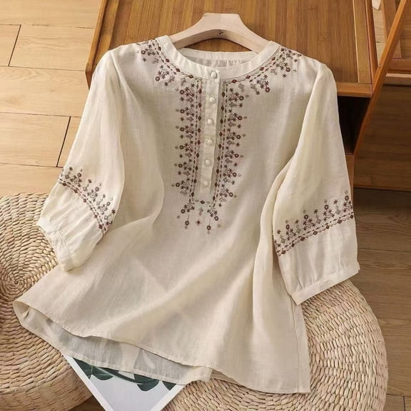 Womens 2026 Summer Linen Tops Crew Neck Embroidered Print Basic Fashion Y2K T Shirts Casual Relaxed Fit Half Sleeve Tees Spring