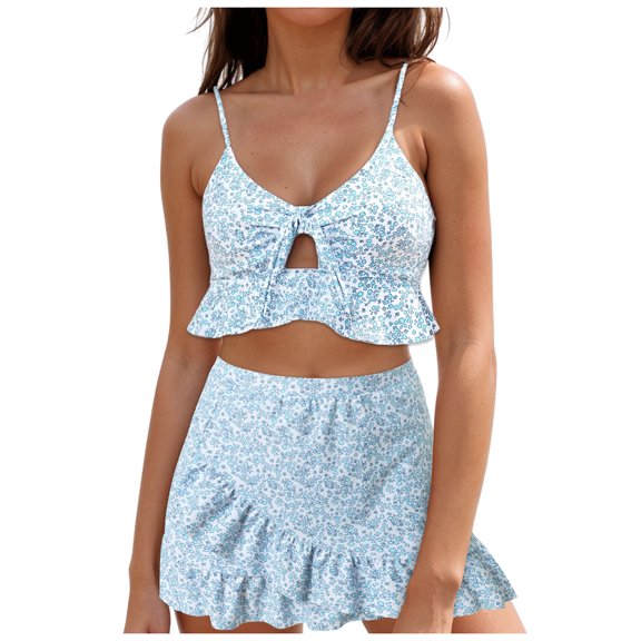 BOBOGOJP 2 Piece Swimsuits for Women Halter Tankini Top with Skirt Bottom Tummy Control Bathing Suit Blue for Size L