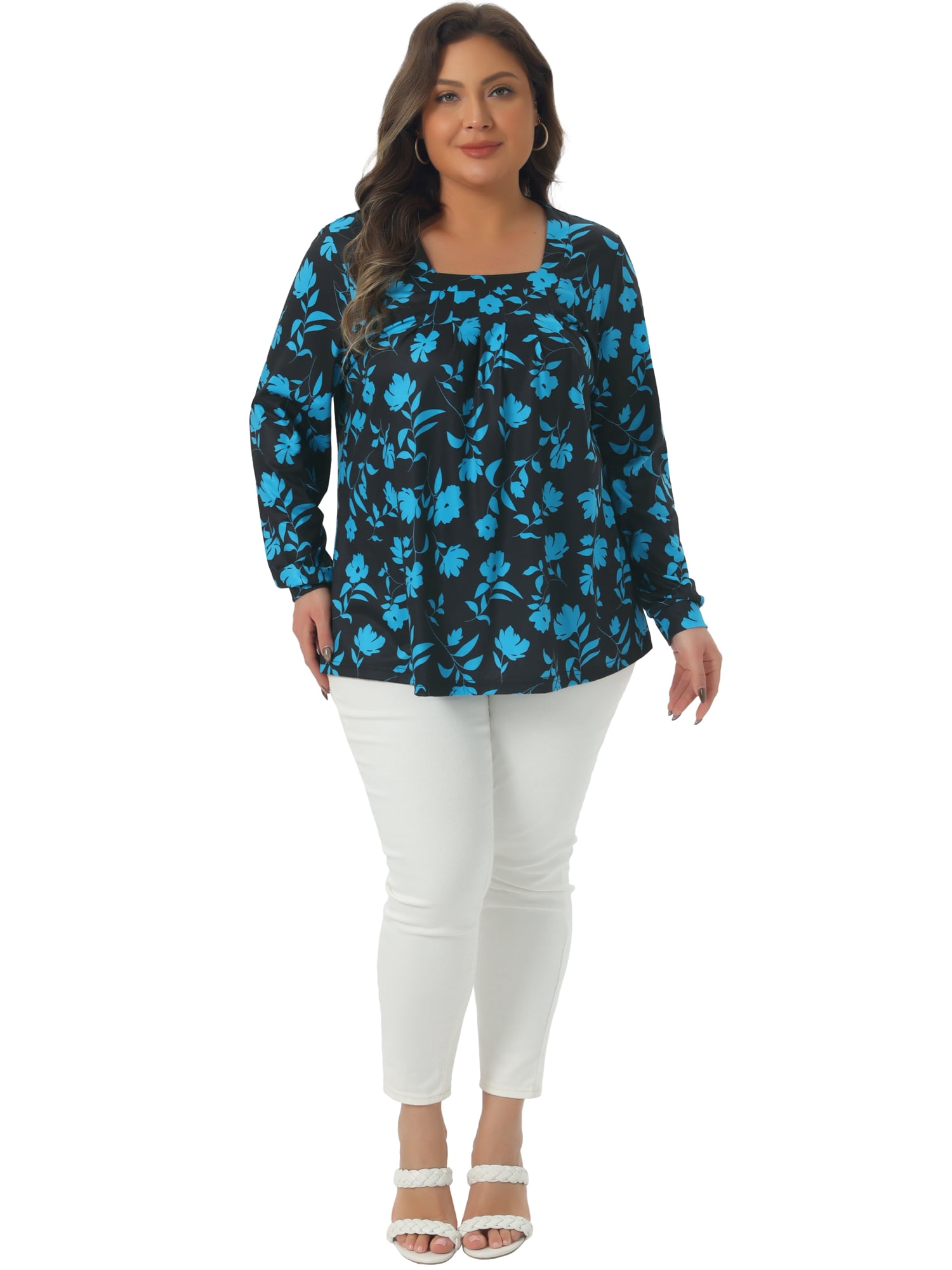 DARING DIVA  Women's Plus Floral Square Neck Blouse 1X Blue