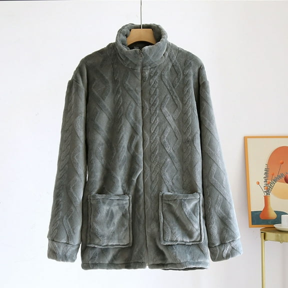 Fleece Pajama Jackets for Men with Pockets Long Sleeve Zip-Up Flannel Sweatshirts Casual Solid Stand Collared Thermal Warm Loungewear Pajamas Coats