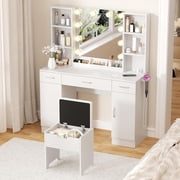 Vabches Modern Vanity Desk Set with Large Mirror and Stool, Large Makeup Table Set with 3 Drawers, 2 Cabinets & Storage Stool, Adjustable Lighting Colors
