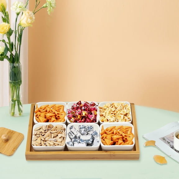 DENEST Ceramic Snack Serving Tray 6 Piece with Tray Serving Platter with Bamboo Lids
