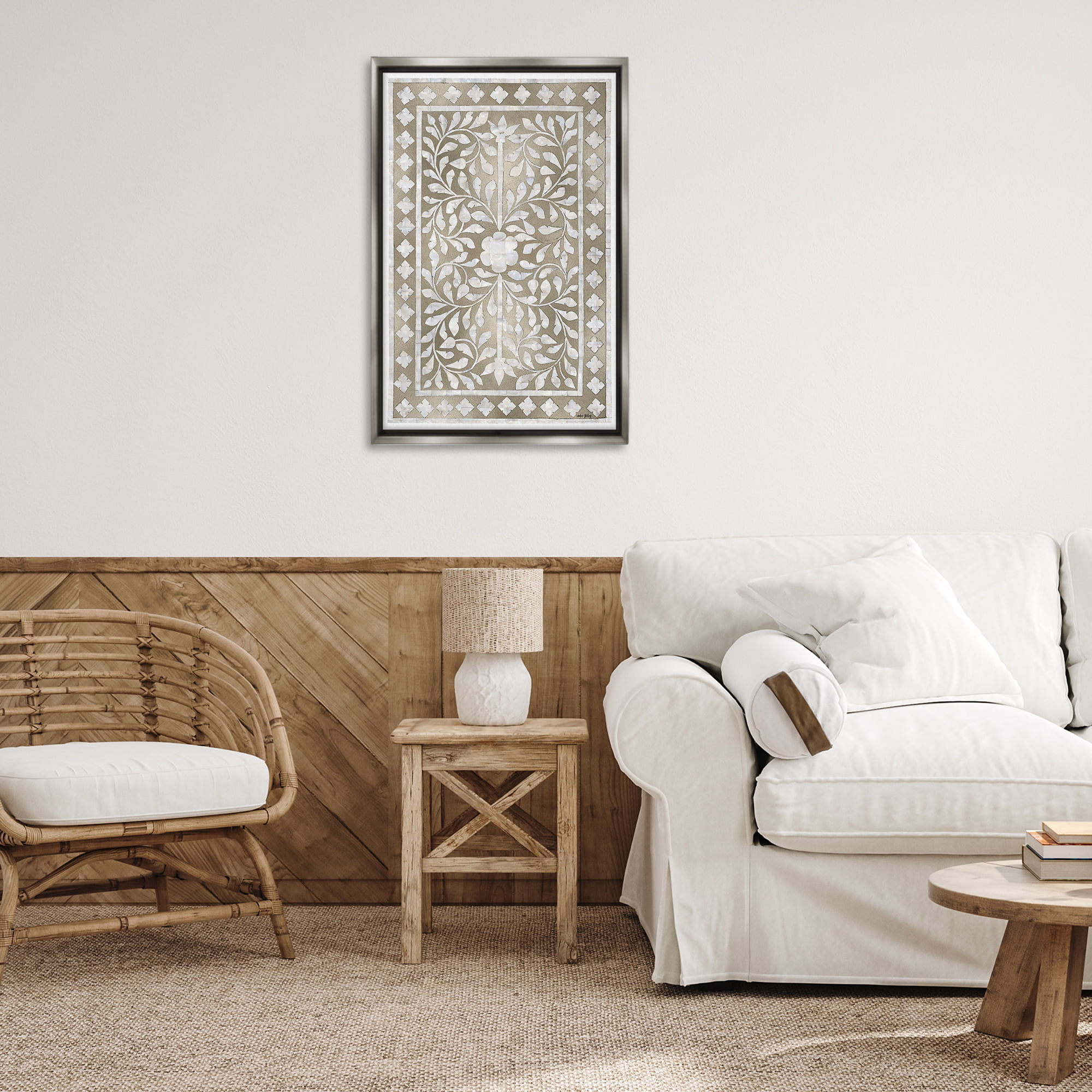 Stupell Industries Arabesque Bohemian Pattern Botanical & Floral Painting Gray Floater Framed Canvas Art Print Wall Art, 21 x 31