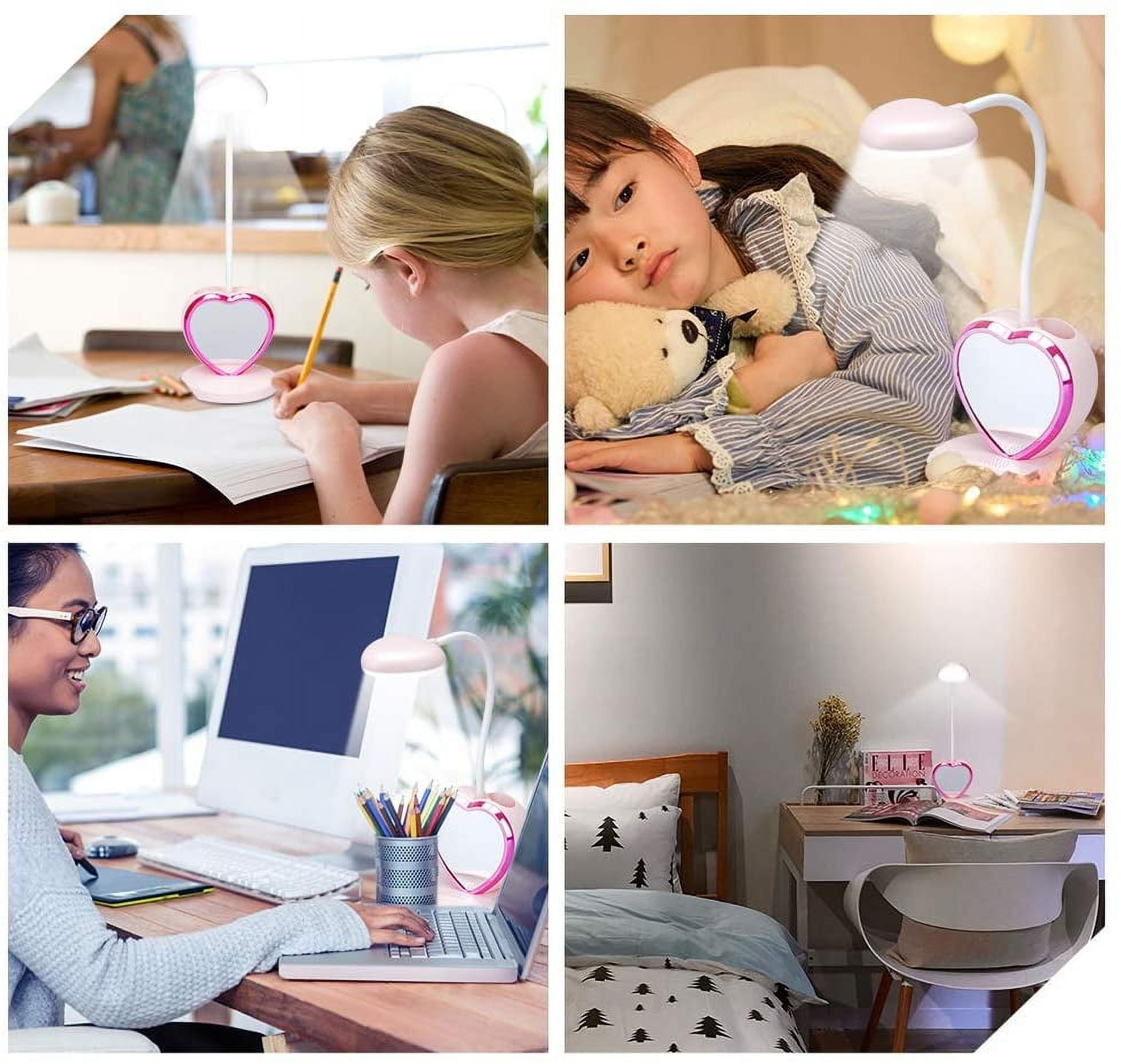 LED Desk Lamp for Kids, Small Desk Lamp with USB Charging Port & Pen Holder and Phone Stand, Cute Lamp with 2 Color Modes,Eye-Caring Study Table Lamp Pink for Girls College Dorm Bedroom Reading