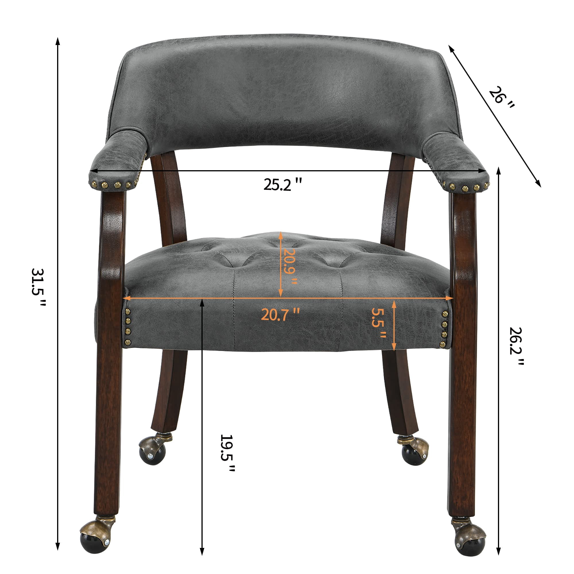 JESONVID Dining Chair with Casters Set of 2, Captain's Chair with Caster Dining Room Chairs with Rollers Curving Backrest Dinette Sets Poker Chair with Wheels Kitchen Table Rolling Chairs,Grey 318GY