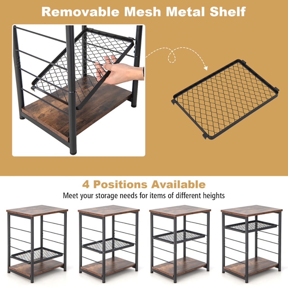 Finihen End Table, 3-Tier Industrial Side Table with Adjustable Mesh Shelf, Sofa Side Table, Bed Side Table, for Living Room, Bedroom, Rustic Brown Finihen End Table, 3-Tier Industrial Side Table with Adjustable Mesh Shelf, Sofa Side Table, Bed Side Table, for Living Room, Bedroom, Rustic Brown