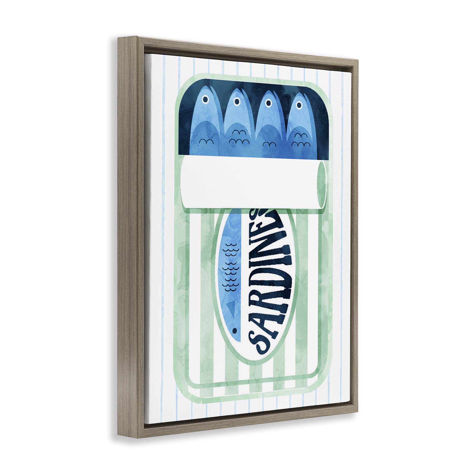 Seafoam Sardine Tin over Stripes Brown Framed Floater Canvas Wall Art, design by Daphne Polselli