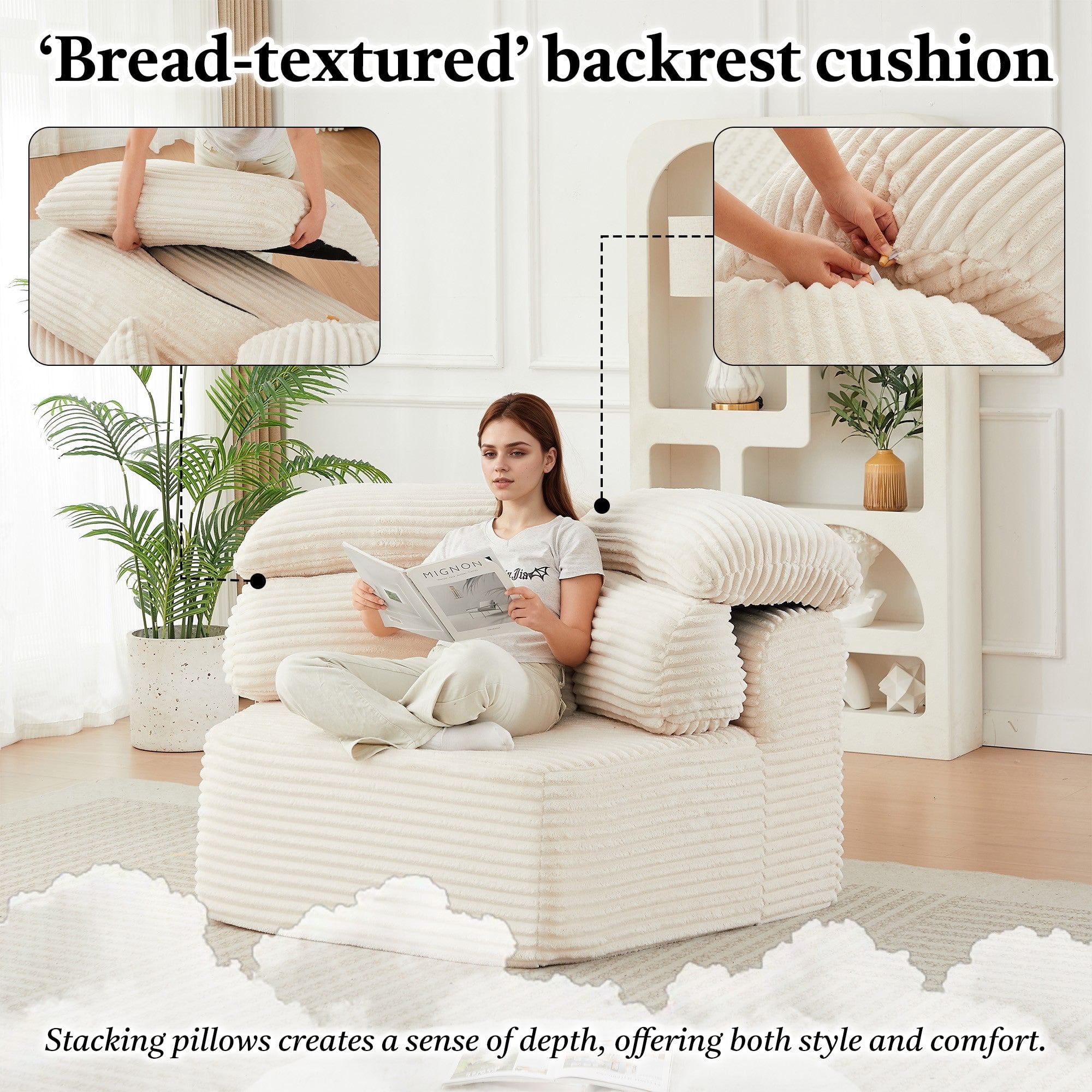 Sailvan 53" Modern Cream Modular Lounge Chair, Pentagonal Chenille Single Seater Cloud Sofa with Enveloping Pillows, Cozy Foam Armchair Beige