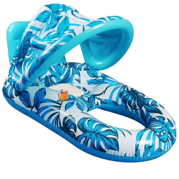 Blue Leaf - Patterned Inflatable Pool Float with Canopy – 2 - in - 1 Lounge Chair & Shade, Summer Water Fun