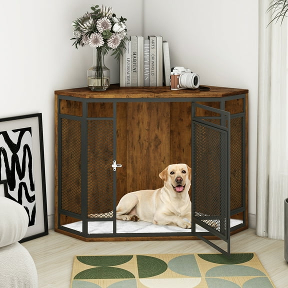 Uforic 52" Wooden Corner Dog Crate Furniture, TV Stand & End Table, All-Breed Indoor Kennel, Brown
