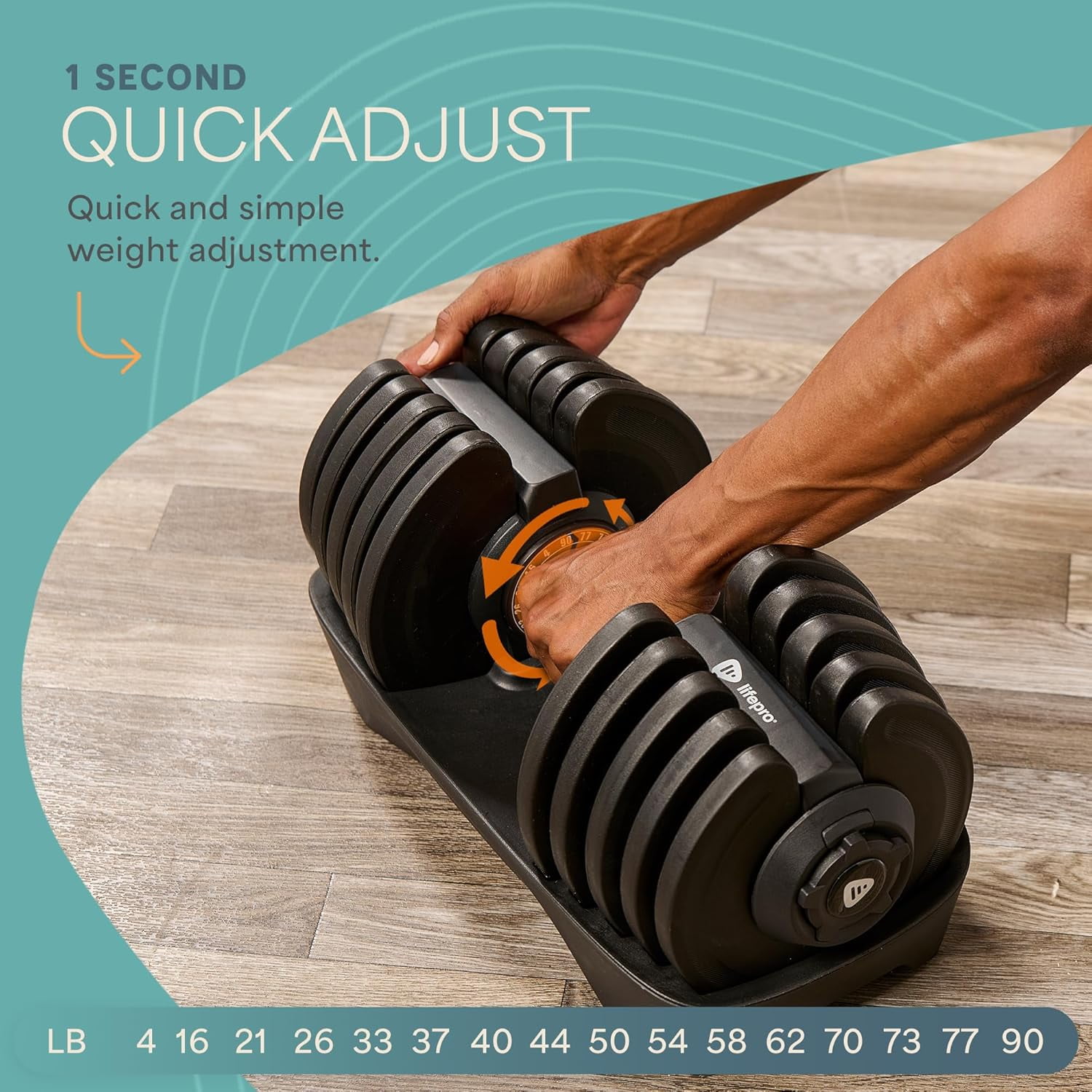 LifePro 90lb Single Adjustable Dumbbell - Quick Dial Weight Set for Home Gym Strength Training - Iron & Non-Slip
