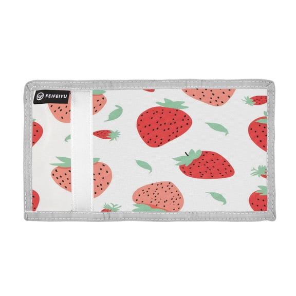 Lovely Cartoon Strawberry and Leaves Trifold Wallets Card Holders Coin Pockets with Lanyards Portable Unisex