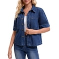 thumbnail image 4 of INSPIRE CHIC Women's Short Sleeve Denim Jacket Button Down Boxy Shirt Tops Casual Jean Jackets M Dark Blue, 4 of 6