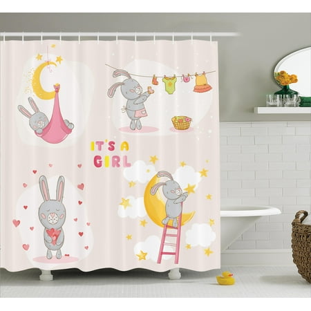 Kids Shower Curtain Set Bunny Rabbit Sleeping Doing Laundry Picking Kids Shower Curtain Set Bunny Rabbit Sleeping Doing Laundry Picking Stars Love Cartoon Art Cute