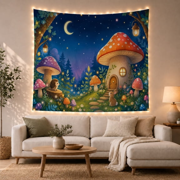 Mushrooms in a Starry Forest Tapestry Wall Hanging