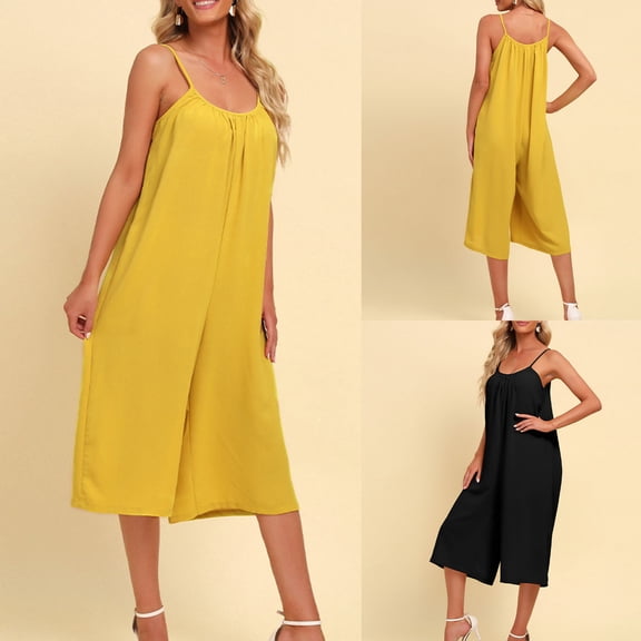 AGWOLF Summer Jumpsuits for Women Dressy Spaghetti Strap Sleeveless Rompers Casual Round Neck Wide Leg Capri Pants Overalls Vacation Beach Jumpsuit Black M
