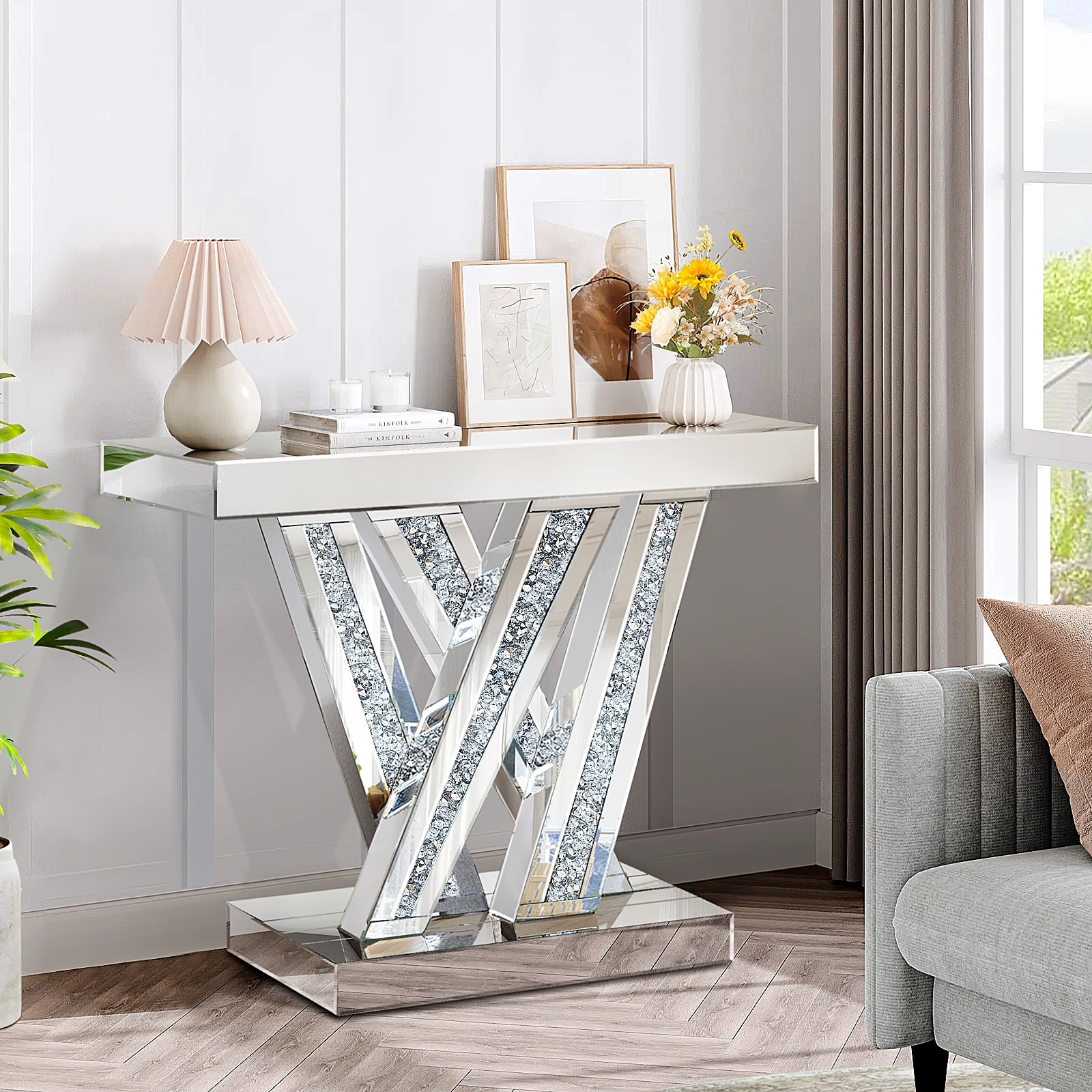 Modern Entryway Console Table with Crushed Diamond Inlay, 35" Silver Mirrored Glass Hallway Table for Entryway, Glam Decorative Sofa Tables for Living Room