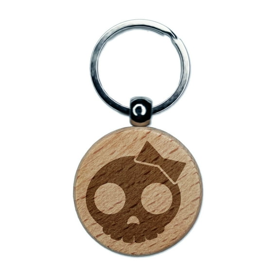Sassy Skull with Hairbow Round Keychain Charm Tag - Engraved Wood
