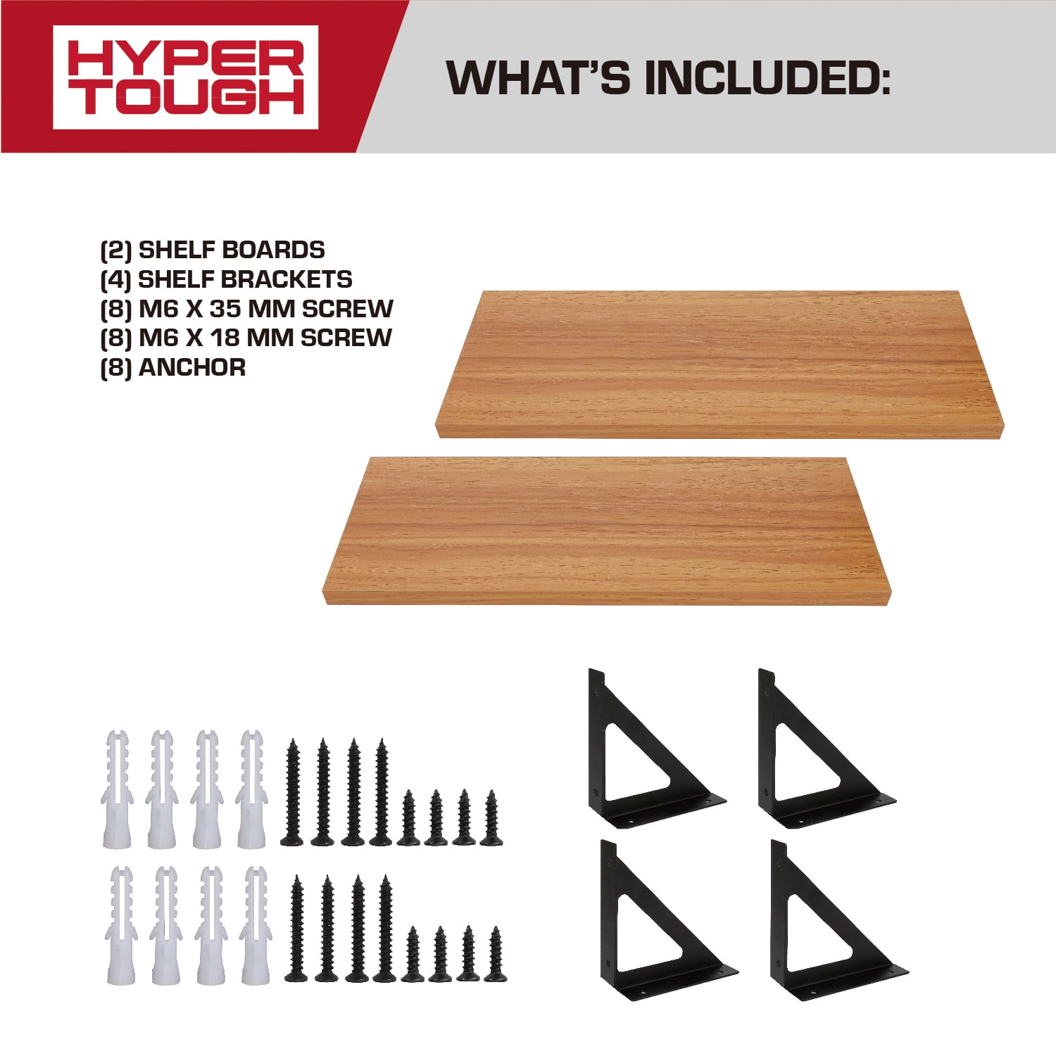 Hyper Tough Brown Shelf Kit with Brackets and Mounting Hardware, 15-3/4" x 6", 2-Pack