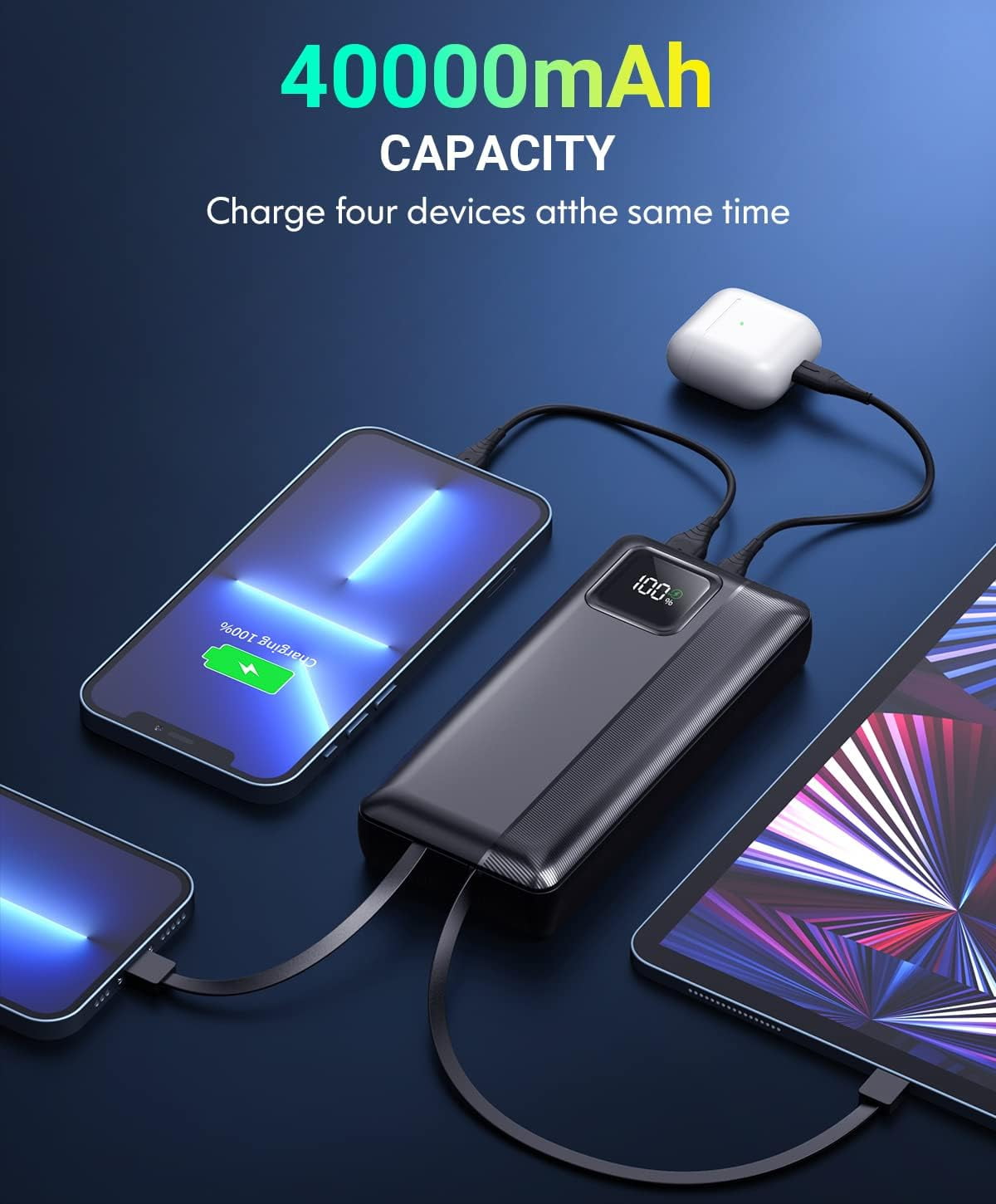 Gazsocy Portable Phone Charger -40000 mAh Fast Charging Power Bank, With Built-in Cable Compatible for Iphone Charger