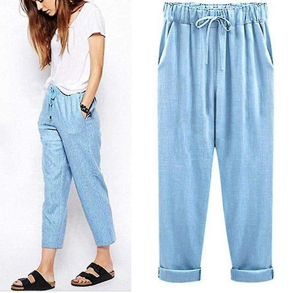Women Loose Pants Elastic Waist Straight Bottoms Solid Long Trousers