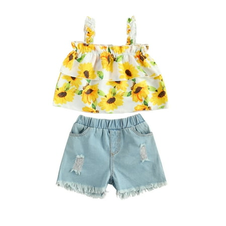 

ZAXARRA Girls Flower Print Sleeveless Tops Denim Shorts