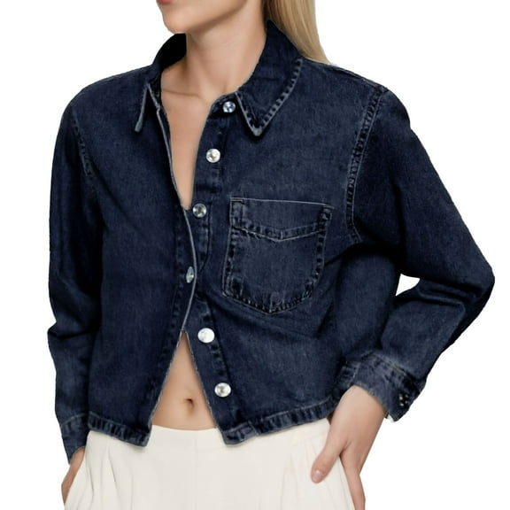 Beach Vacation Clothes for Women, Women Blouses, Trendy Women Denim Shacket Long Sleeve Collared Shirt Casual Blouse Stylish Crop Jean Jacket for Modern Females