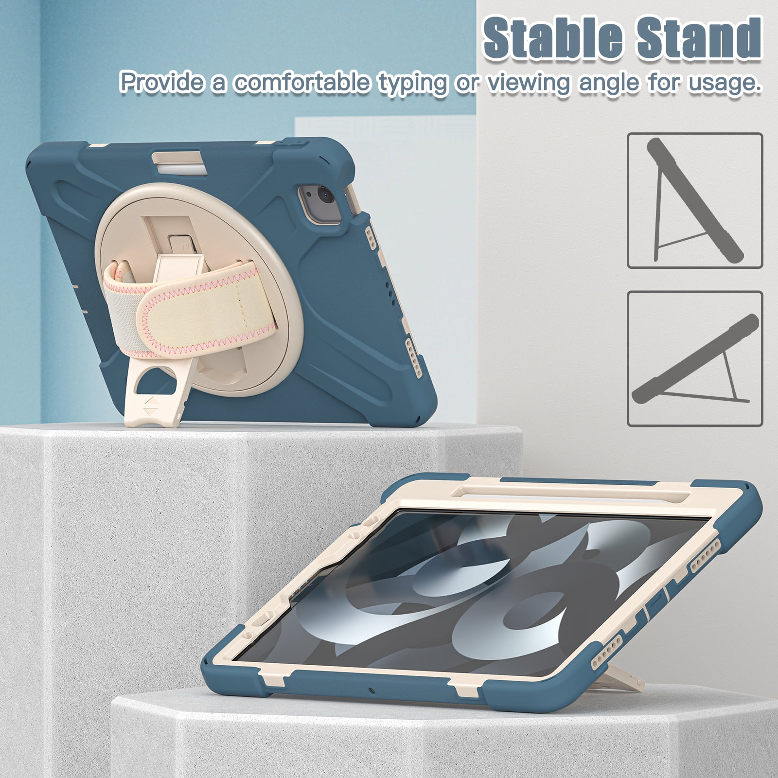 ELEHOLD Case For Apple iPad 11th(A16) 2025/10th Gen 2022, Military Grade Silicone Hybrid Rugged Case with Pencil Holder Rotating Stand Hand/Shoulder Strap,Cornflower Blue