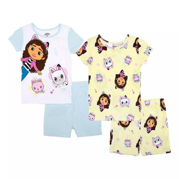 Gabbys Dollhouse Girls 4-Piece Pajama Set  Musical Gabby Theme with Cats  2 Tops & 2 Shorts  Sizes 4-8