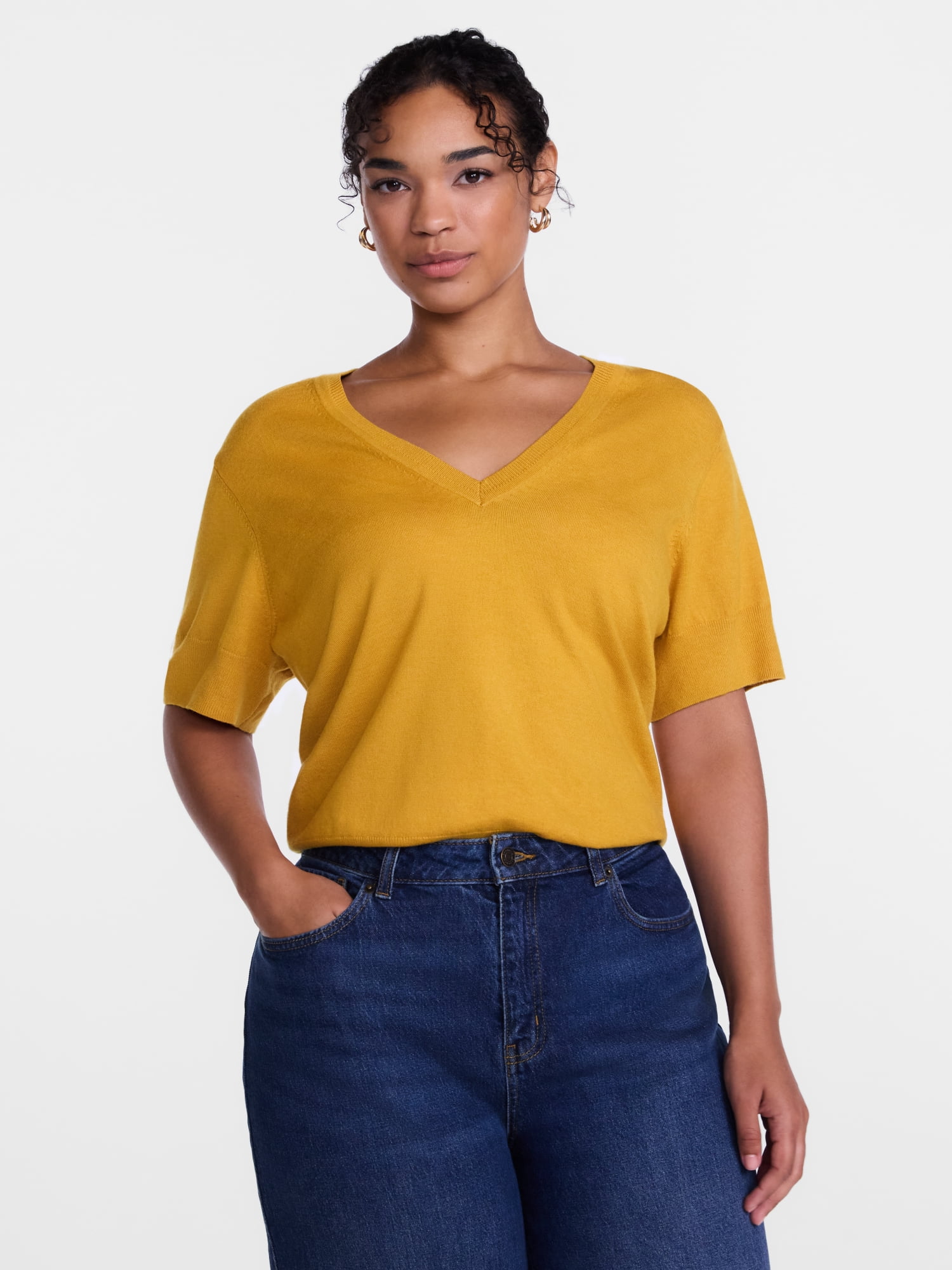 Scenario Women's V-Neck Lightweight Sweater with Short Sleeves, Sizes XS-XXXL