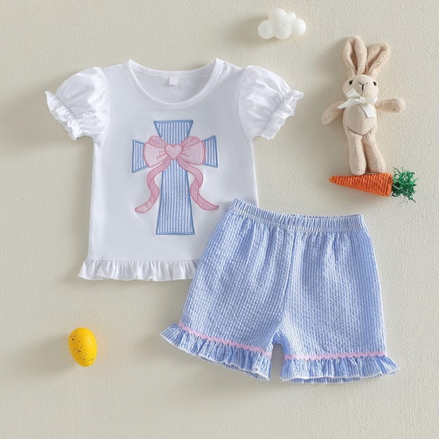 Conjuntos de blusas y camisas de cuello redondo y manga corta, moda de verano, lindos, de Pascua, para niñas, casuales, de manga corta, cuello redondo, botones, estampados, pantalones cortos, conjunto