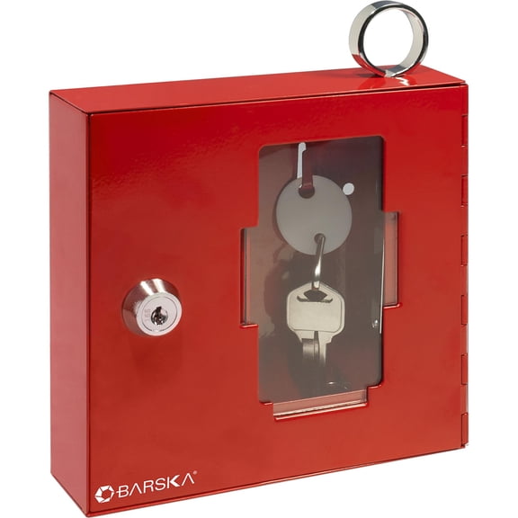 Barska Emergency Key Box with Breakable Glass and Hammer - Bright Red Steel Key Lock Box for Restricted Access - Wall Mount with Pre-Drilled Holes - Ideal for Home or Office Security CA2
