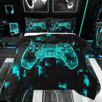 jejeloiu Kids Gamepad Controller Full Size Comforter Sets,Gamer Gaming Bedding Comforter Set,Cyan Black Bedding Sets For Adults,Ultra Soft Home Decor Reversible,3 Pieces