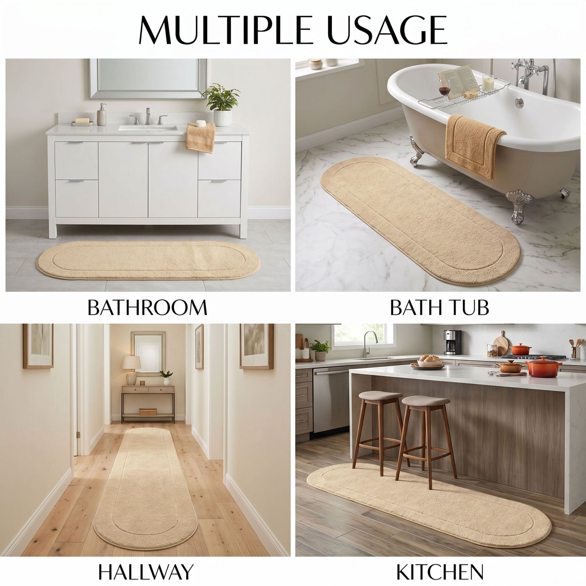 Superior Oval Bordered Cotton Washable Non-Slip Bath Rug, Runner Size, Ivory