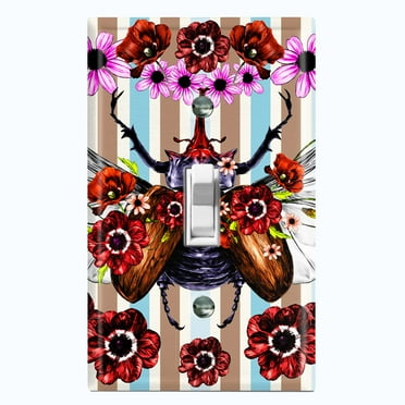 Metal Light Switch Plate Cover Unique Floral Beetle Teal Tan Stripes BUT011