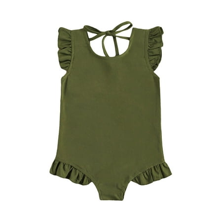 

Canrulo Summer Toddler Girls Swimwear Solid Ruffles Short Sleeve Backless Bikini Dark Green 4-5 Years