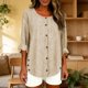 thumbnail image 4 of Camiseta de Lino de Color Sólido Casual de Manga Larga de las Mujeres con Botones Decorativos Y Cuello Redondo, Acento a Rayas para el Uso Diario de Primavera, Túnica de Moda, 4 of 8