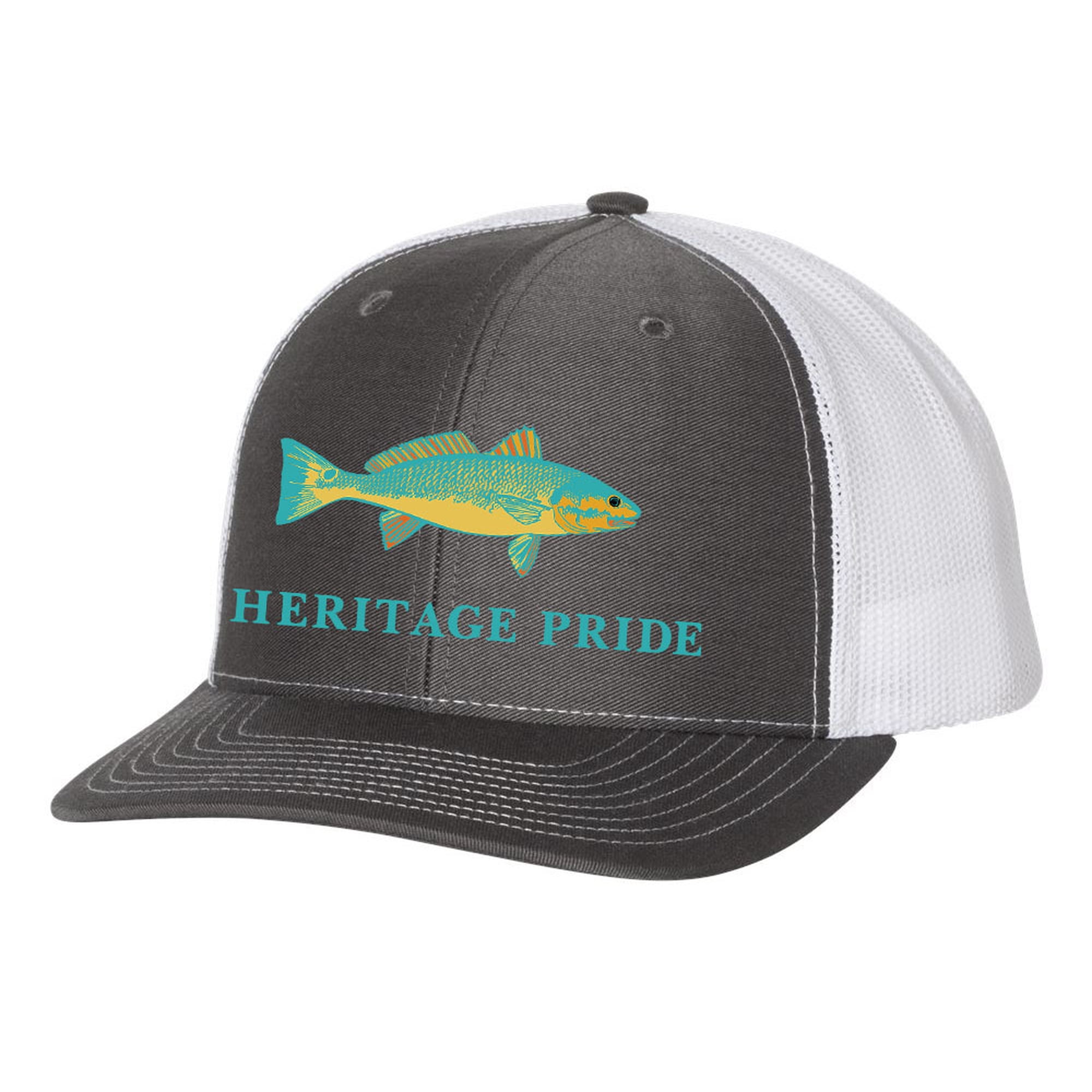 Heritage Pride Retro Color Charcoal and White Mens Embroidered Mesh Back Trucker Hat, Redfish