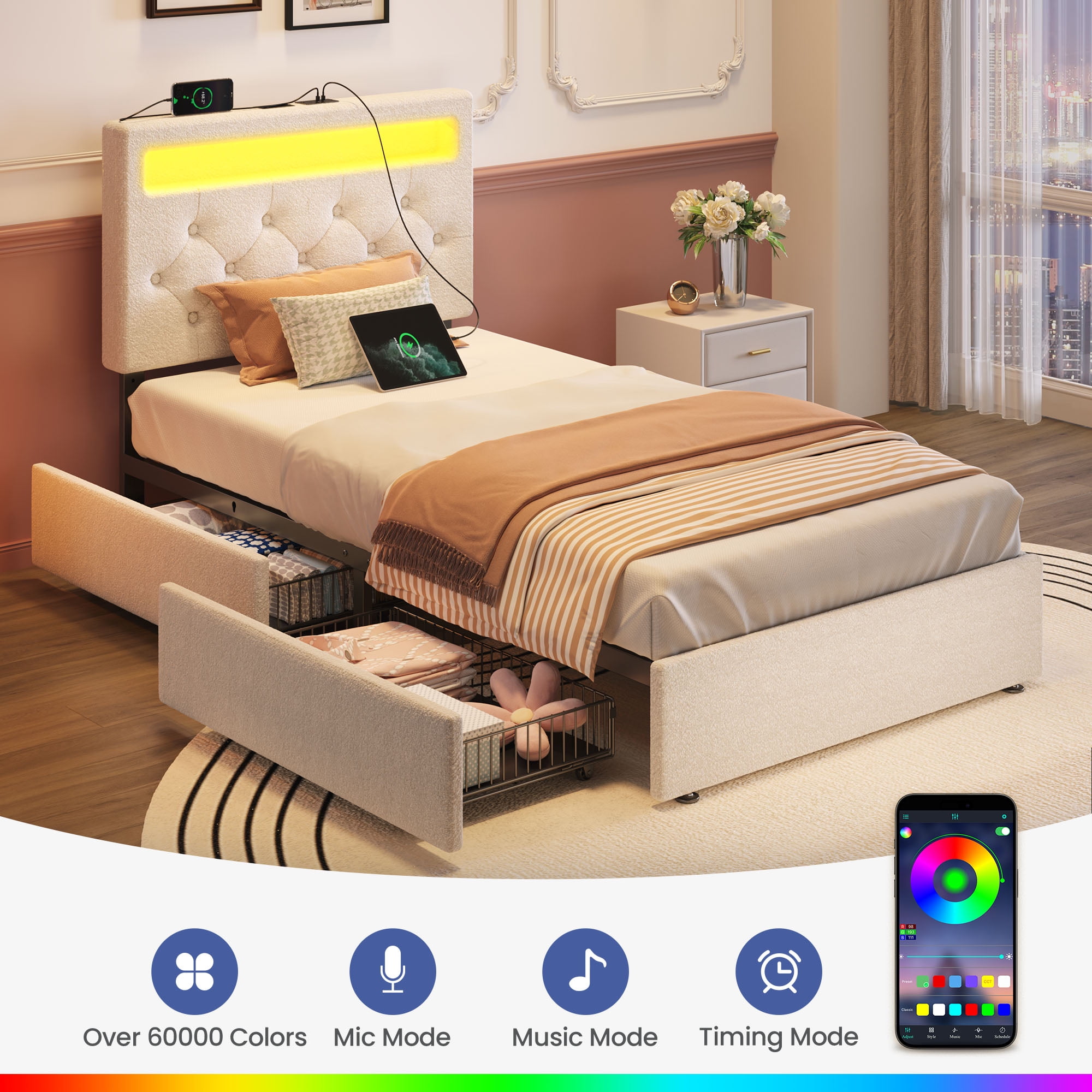 Greenstell Twin Bed Frame with 4 Drawers, Upholstered Platform Bed with LED Adjustable Storage headboard & Charging Station, Black