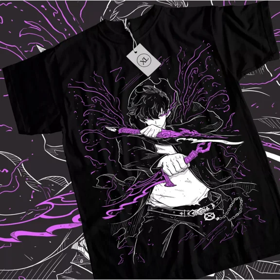 RARE Solo Leveling T-Shirt Sung Jinwoo New Anime Manga Black Shirt Tee XS - 5XL